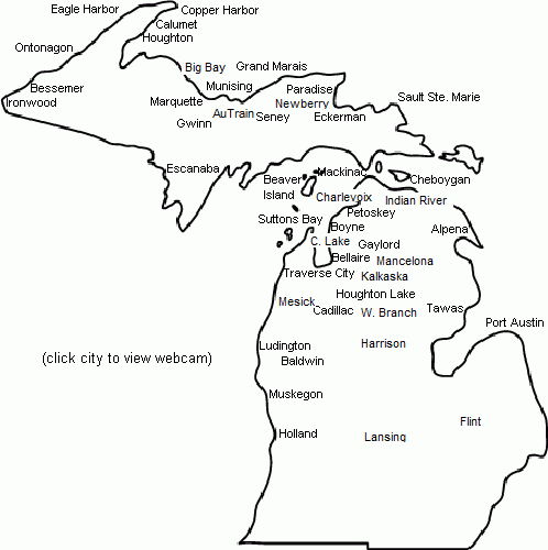 Outline map of the state of Michigan showing location of weather snow cams.
